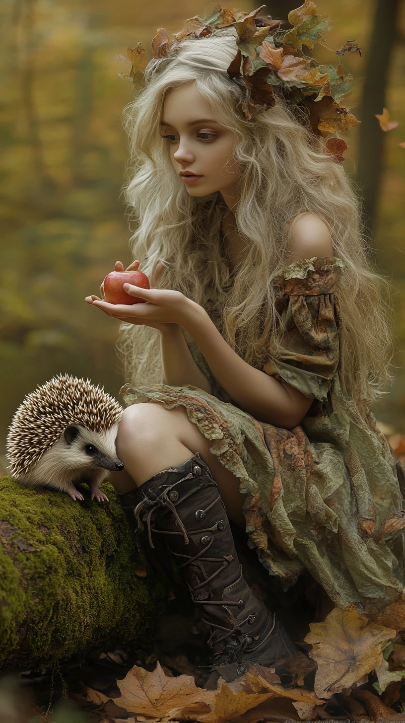 Young woman offering apple to hedgehog in autumn forest
