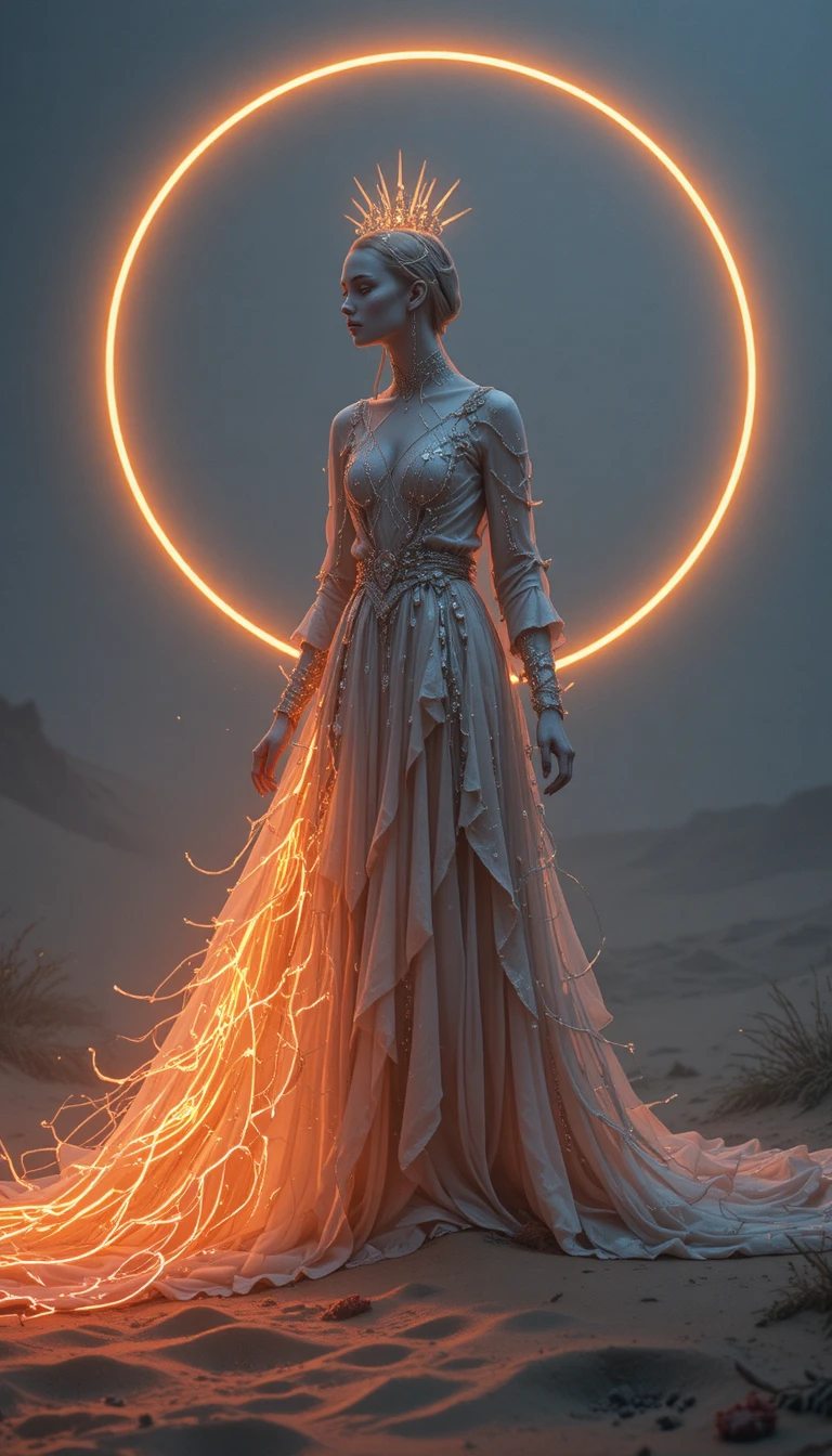 Mulher surreal minimalista brilhando com luz de néon na areia