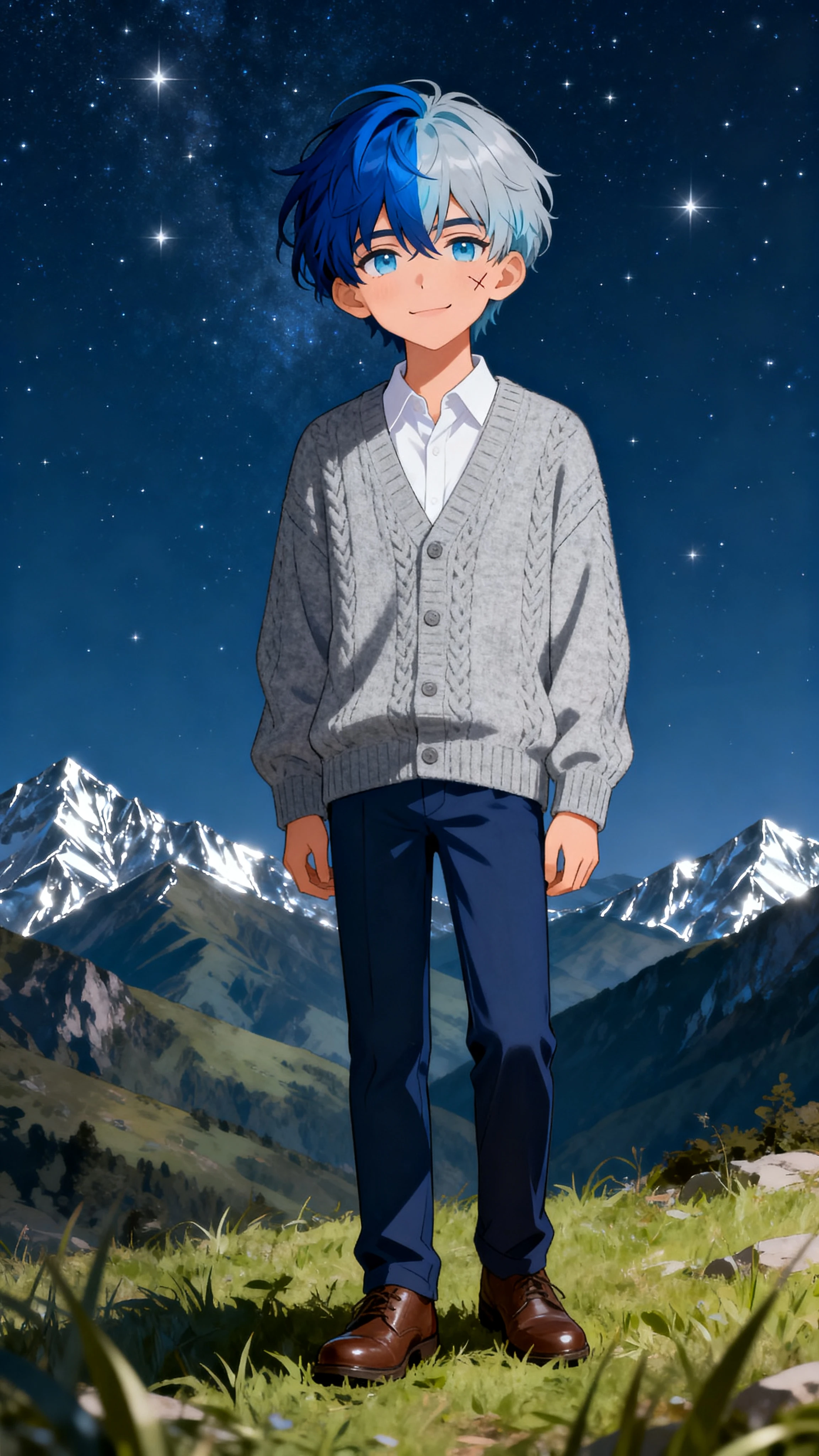 Homem de anime de cabelo azul sob um céu estrelado nas montanhas