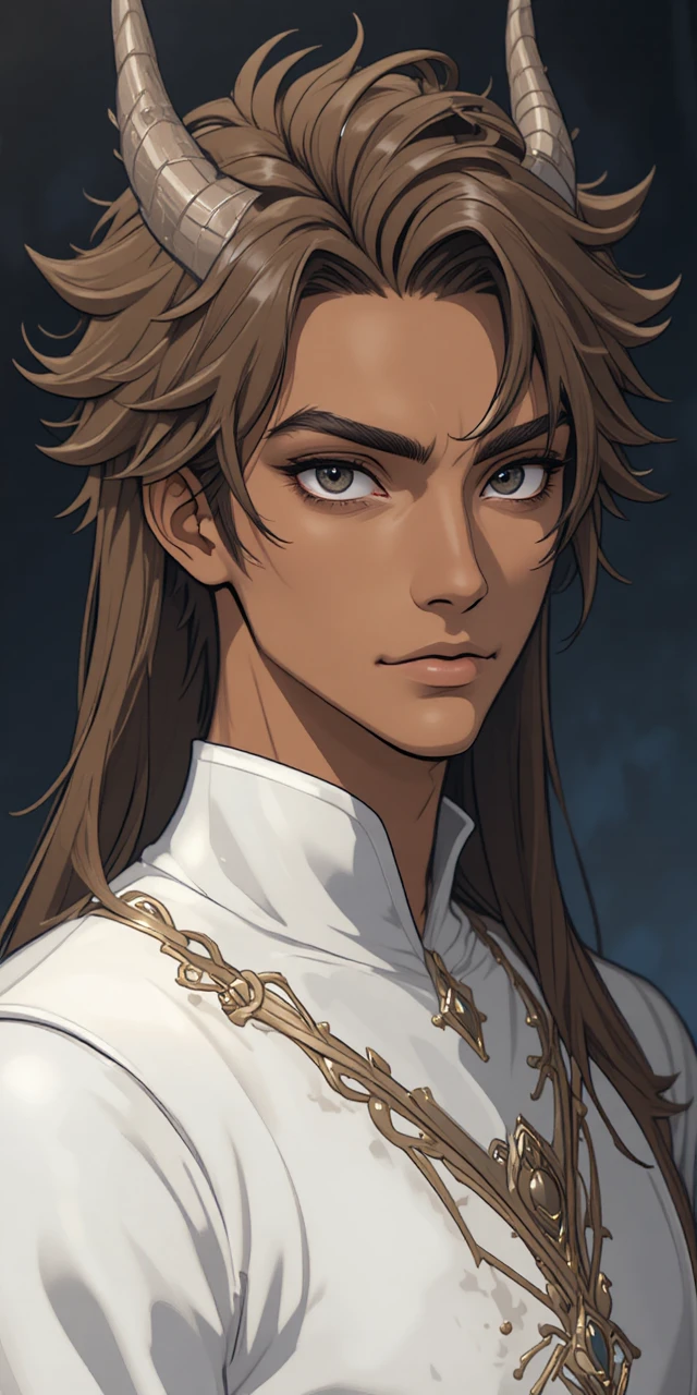 Homme fantasy anime avec des cornes de dragon en tunique blanche