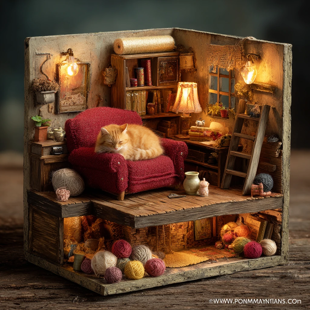 Sala de estar em miniatura com gato dormindo em poltrona de veludo