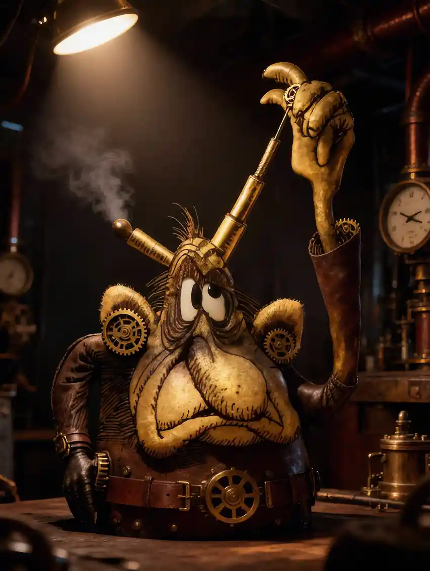 Criatura steampunk fantasiosa con nariz larga y cuernos retráctiles