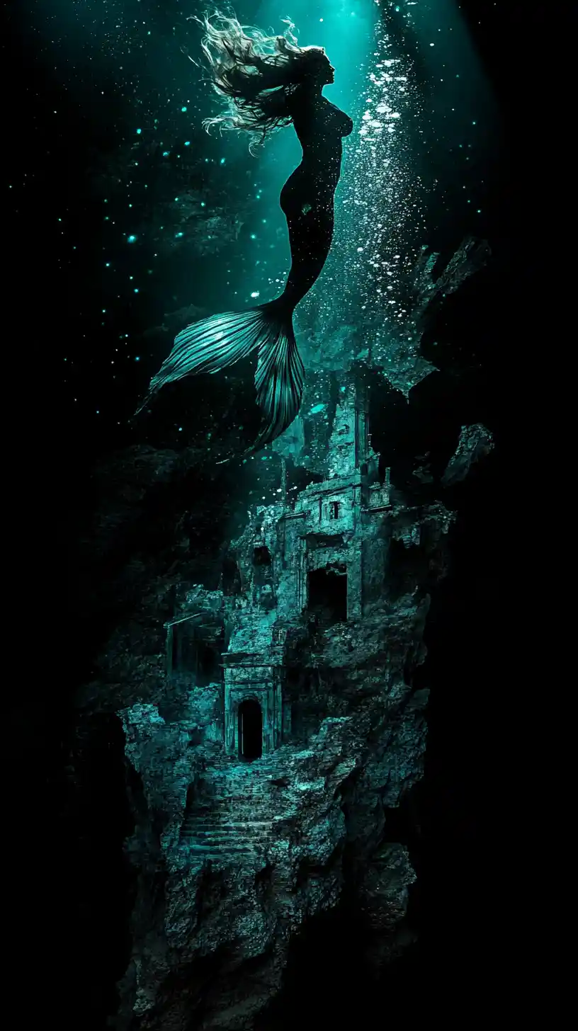 Surreal Double Exposure Of Colossal Mermaid And Female Profile