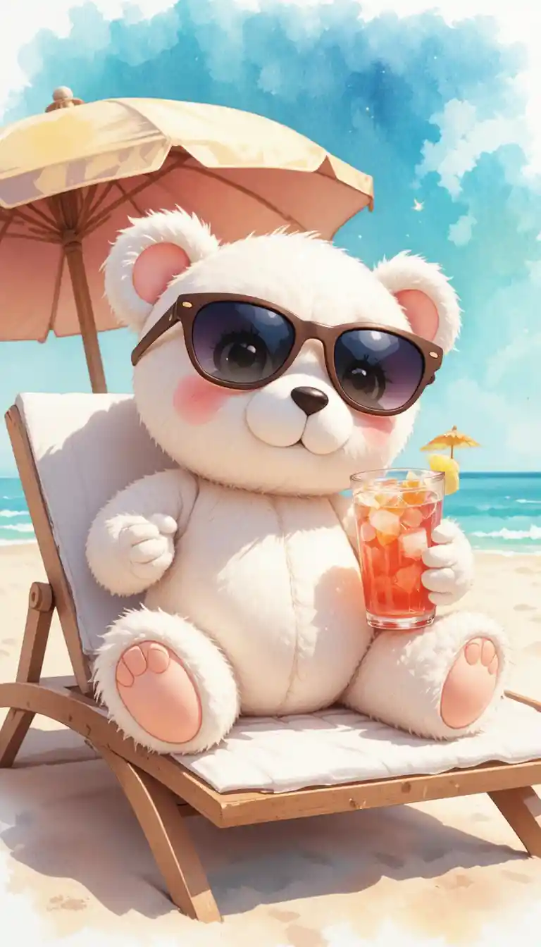 Cute chibi teddy bear relaxing on a summer beach sunbed