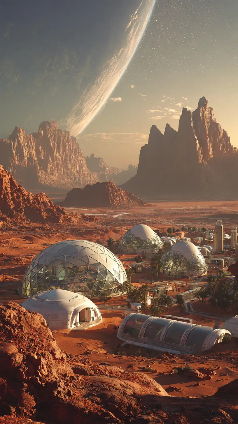 Futuristic Mars colony with domes and starships under Earth