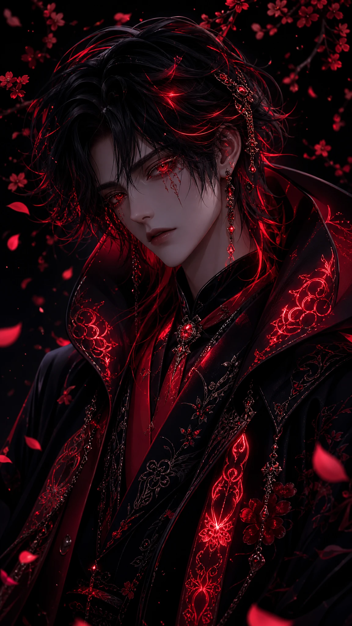 憂傷的紅瞳花瓣動漫男子