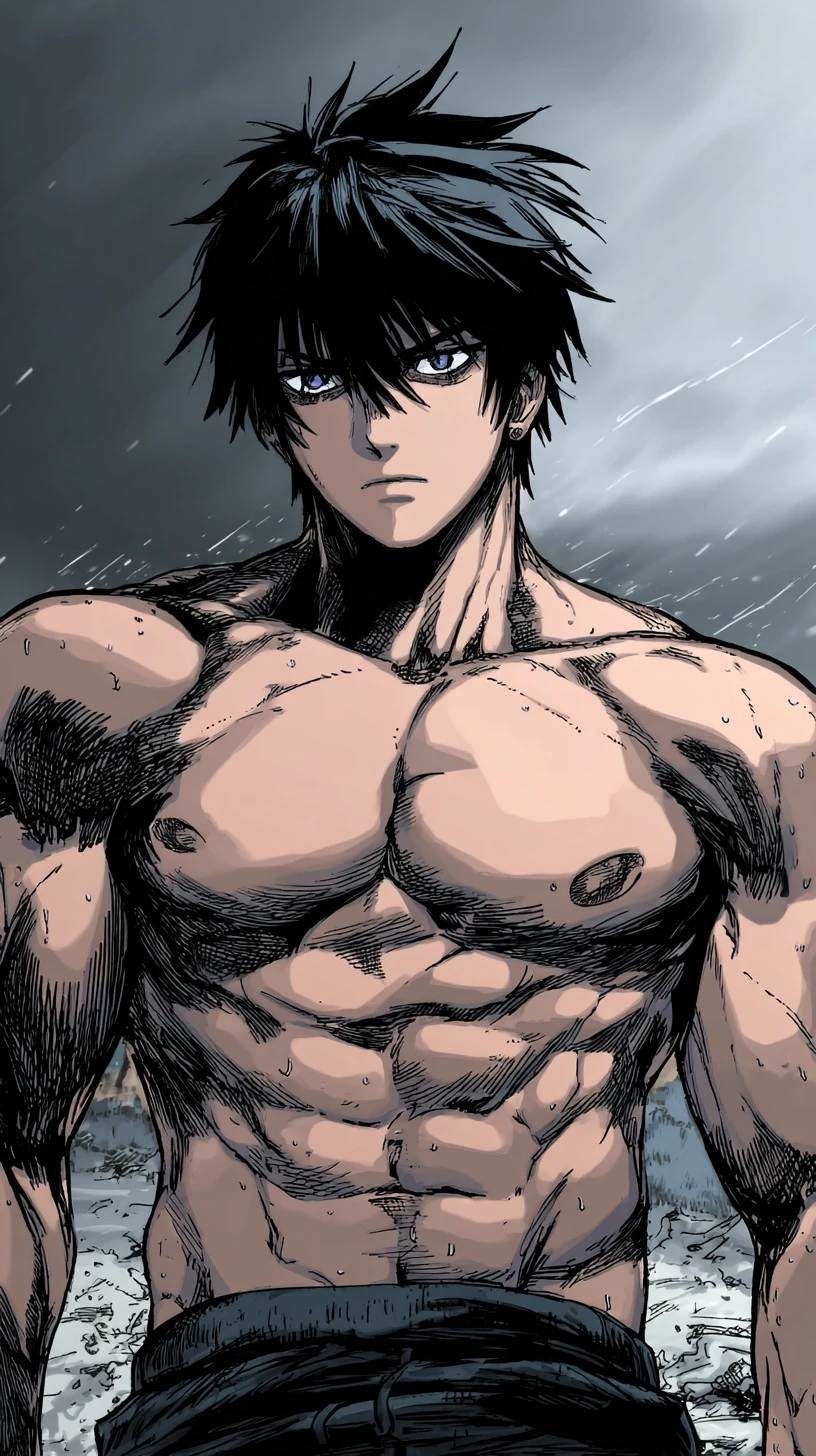 Hombre musculoso y con cicatrices en escena de manhwa al aire libre y tormentosa