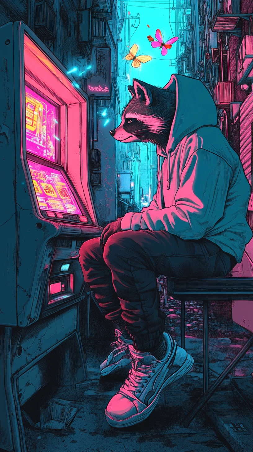 Procione hacker su arcade al neon in un vicolo cyberpunk da sogno