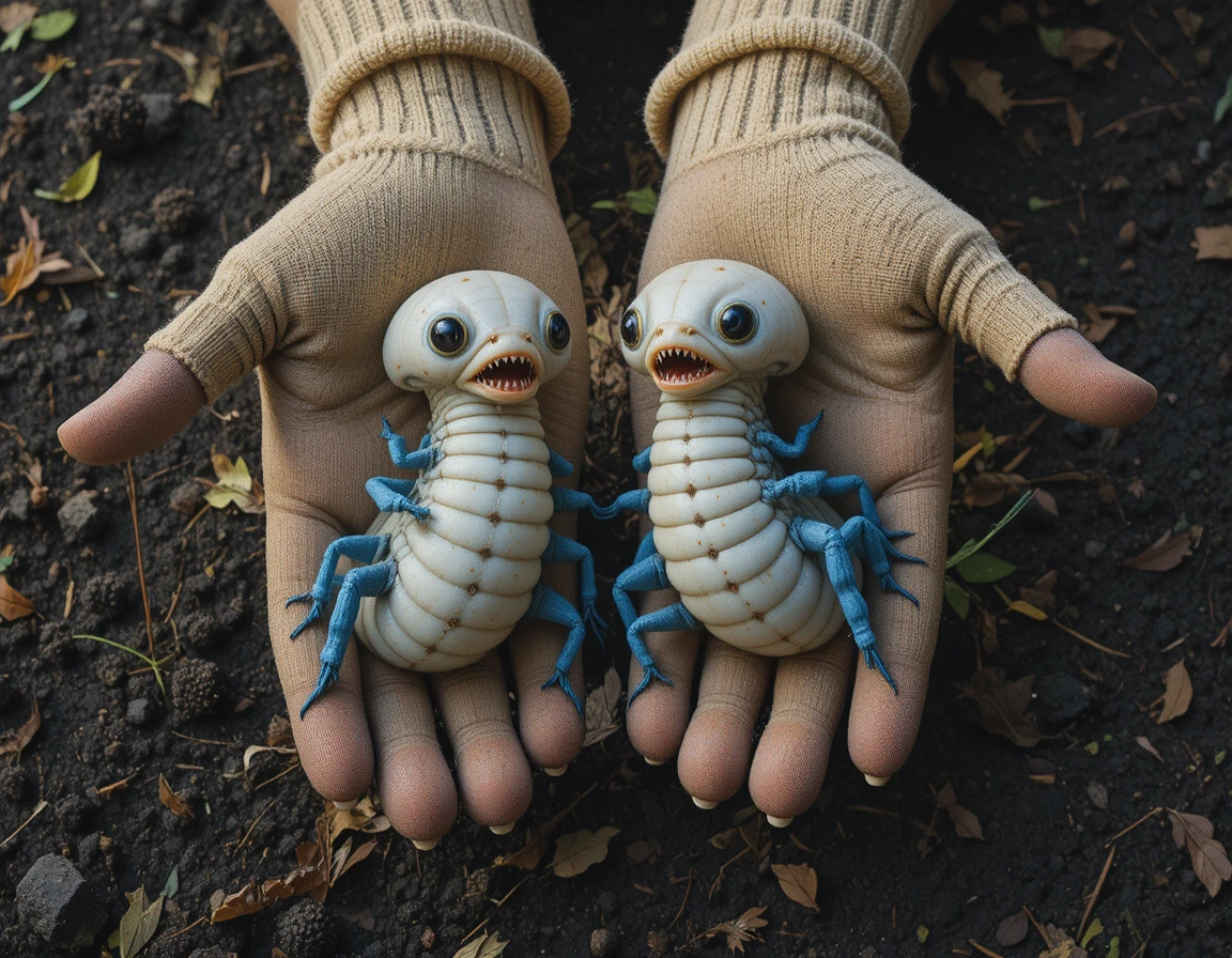 Mãos com luvas segurando larvas brancas sobre terra escura de jardim