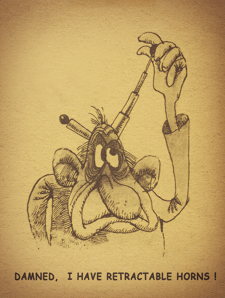 Creatura cartoon con corna retrattili su sfondo giallo