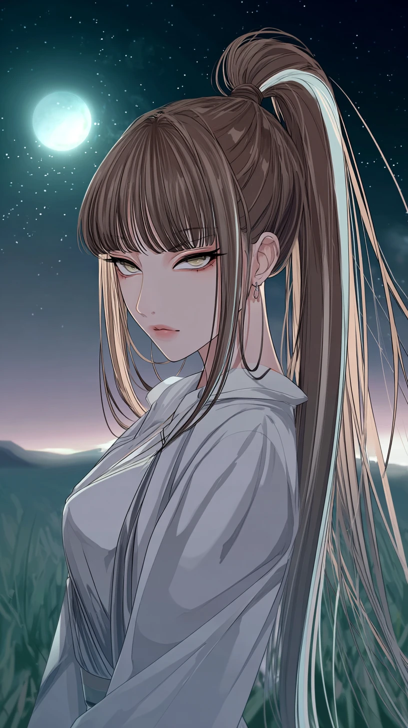 Chica de anime segura de sí misma con athleisure bajo un cielo nocturno iluminado por la luna