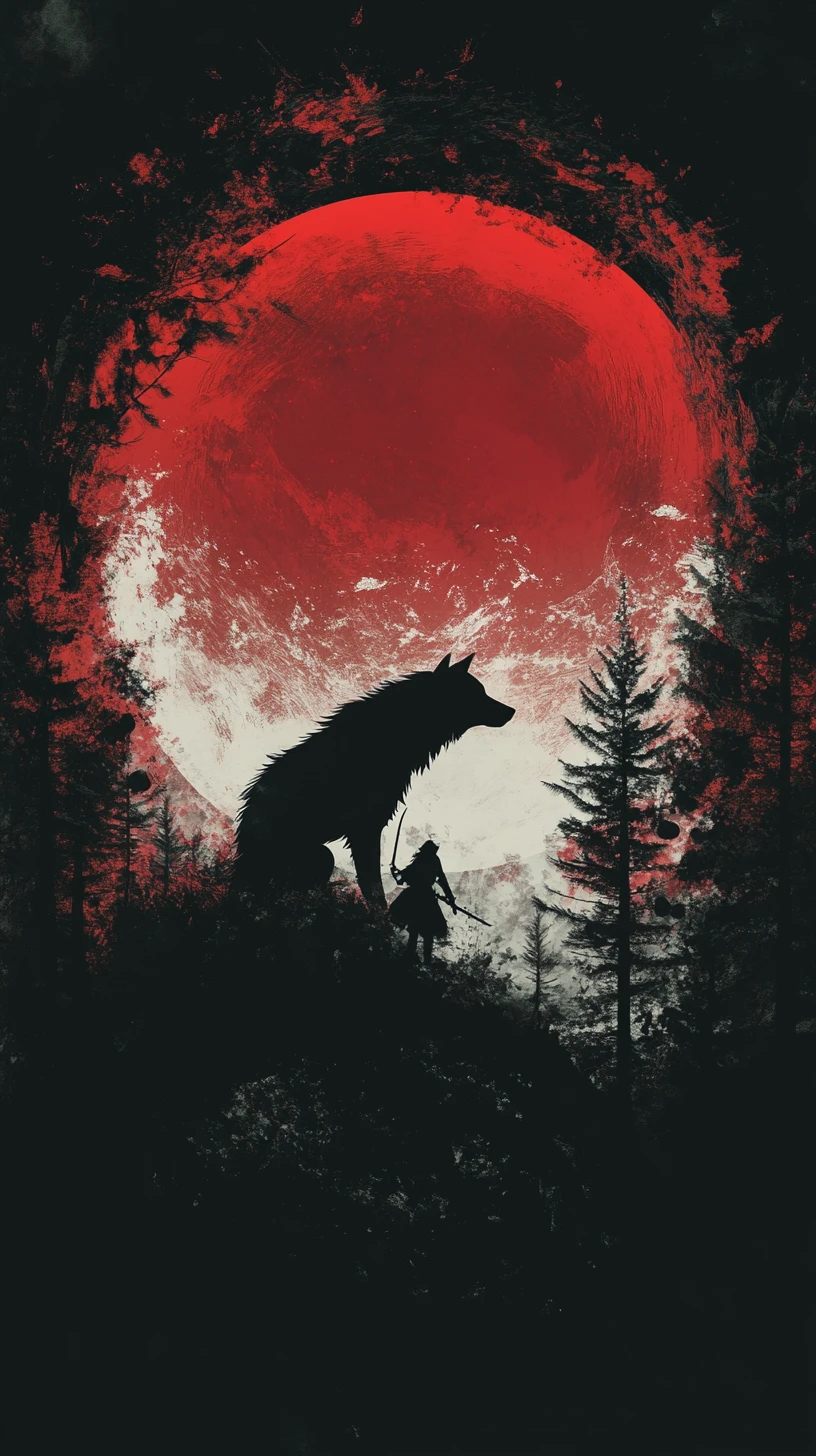 Silhueta de lobo cercando um caçador solitário à luz da lua vermelha