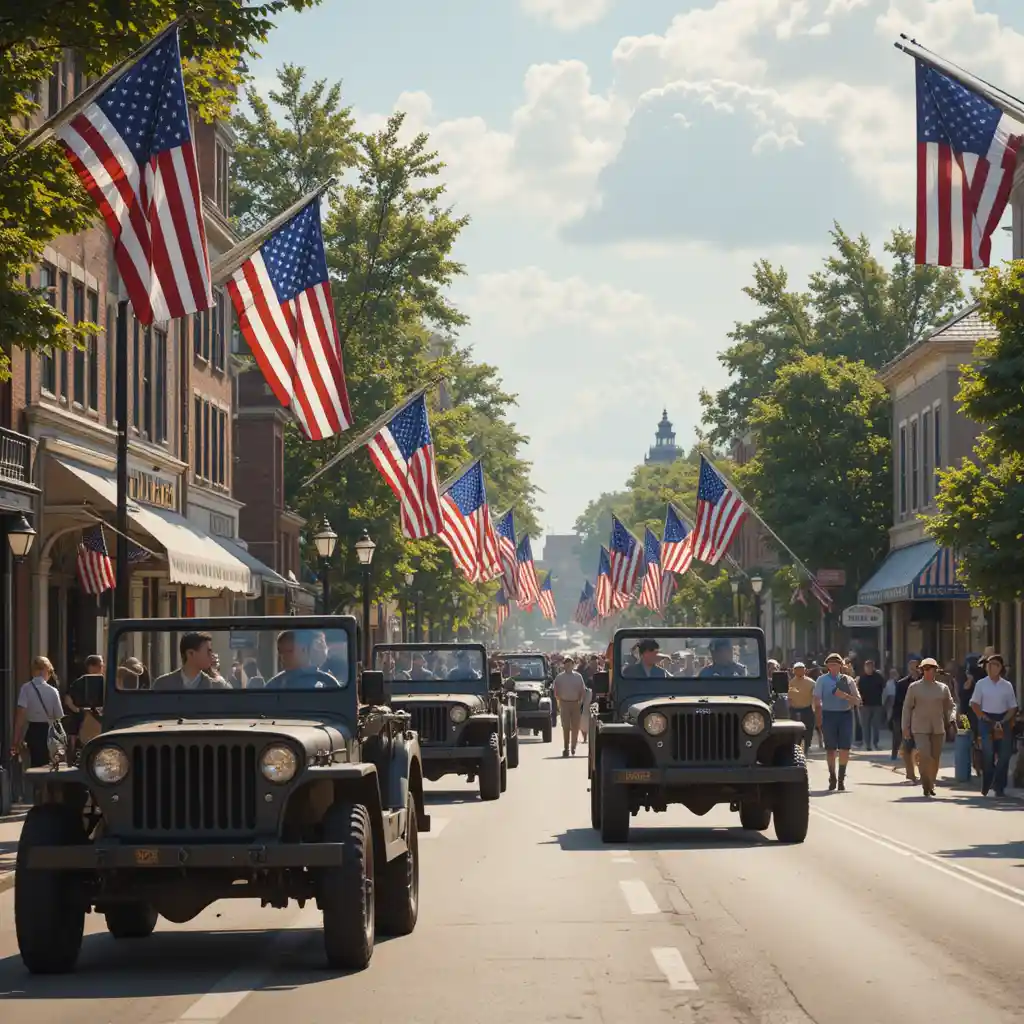 Small town Memorial Day parade on historic Main Street