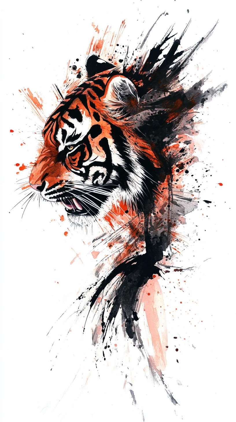 Tigre se dissolvant en encre et aquarelle avec un espace aérien