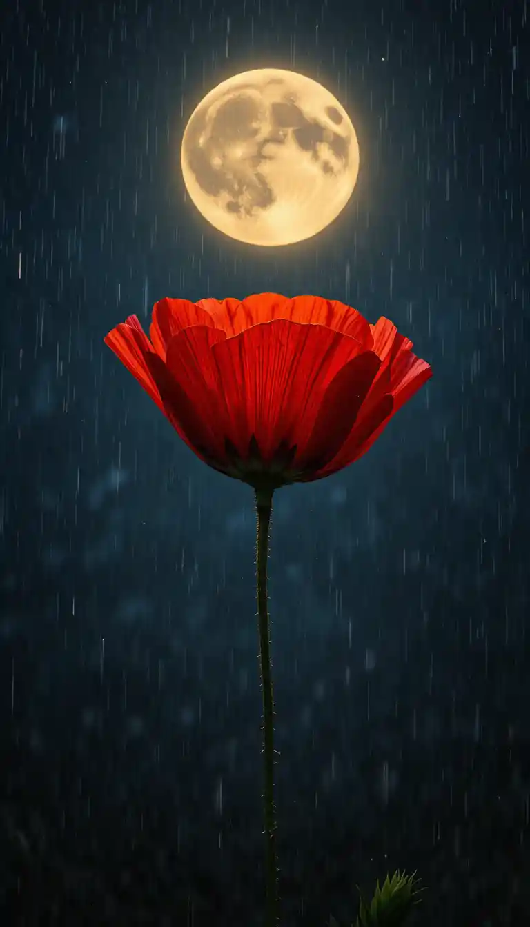 月光雨夜天空下綻放光芒的紅色罌粟花