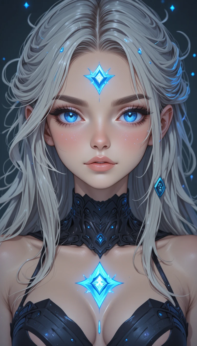 Jovem garota de anime com cabelo prateado e olhos azuis brilhantes