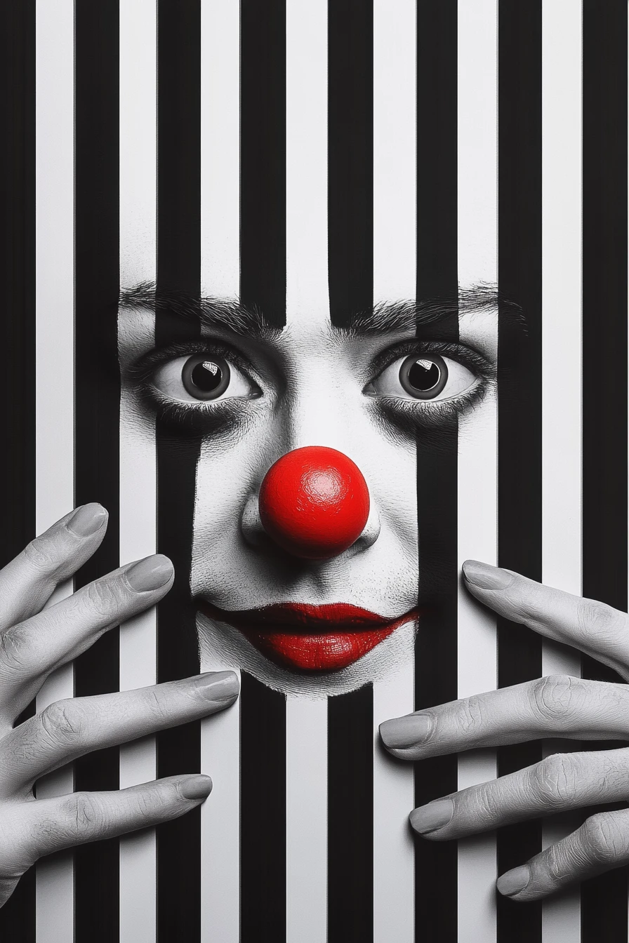 Retrato surreal de palhaço atrás de listras grossas em preto e branco