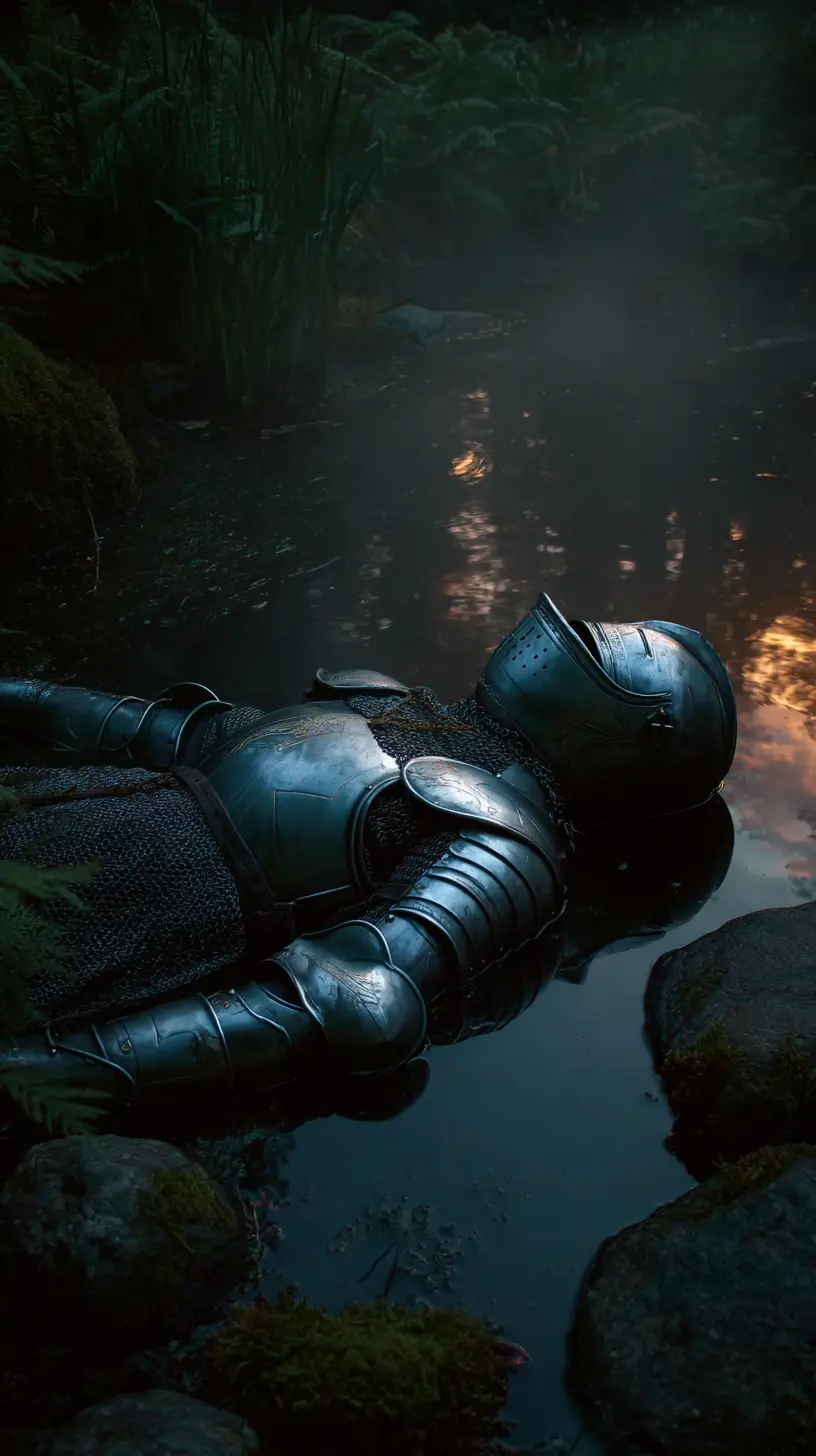Gepanzerter Ritter schwebt friedlich auf einem Waldteich in der Dämmerung