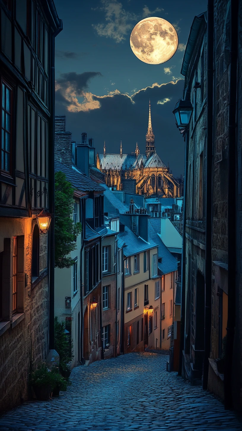 Estrecha calle empedrada en una escena nocturna gótica europea