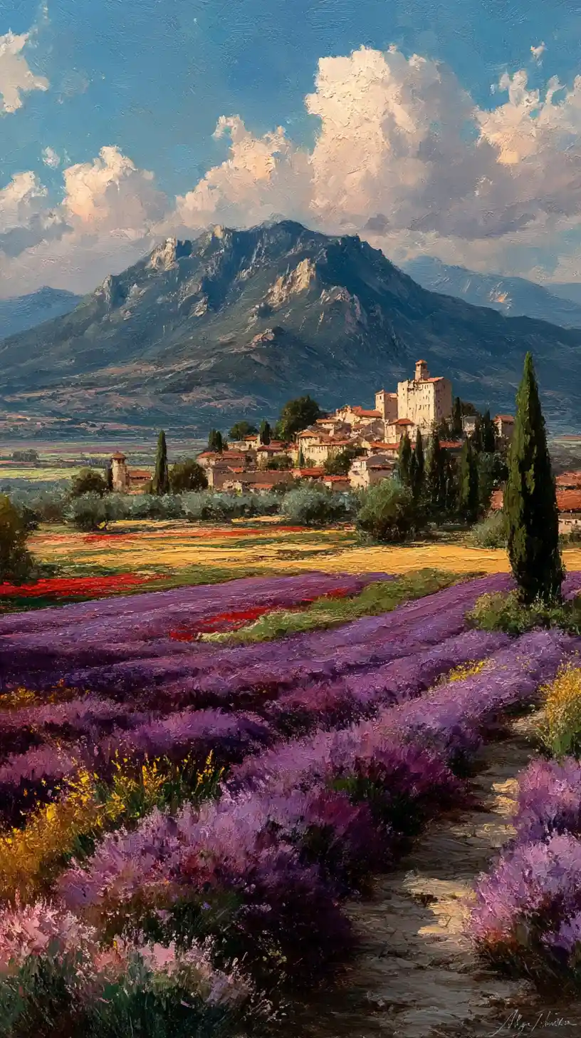 Lavendelfelder zur Goldenen Stunde in mediterraner Landschaft