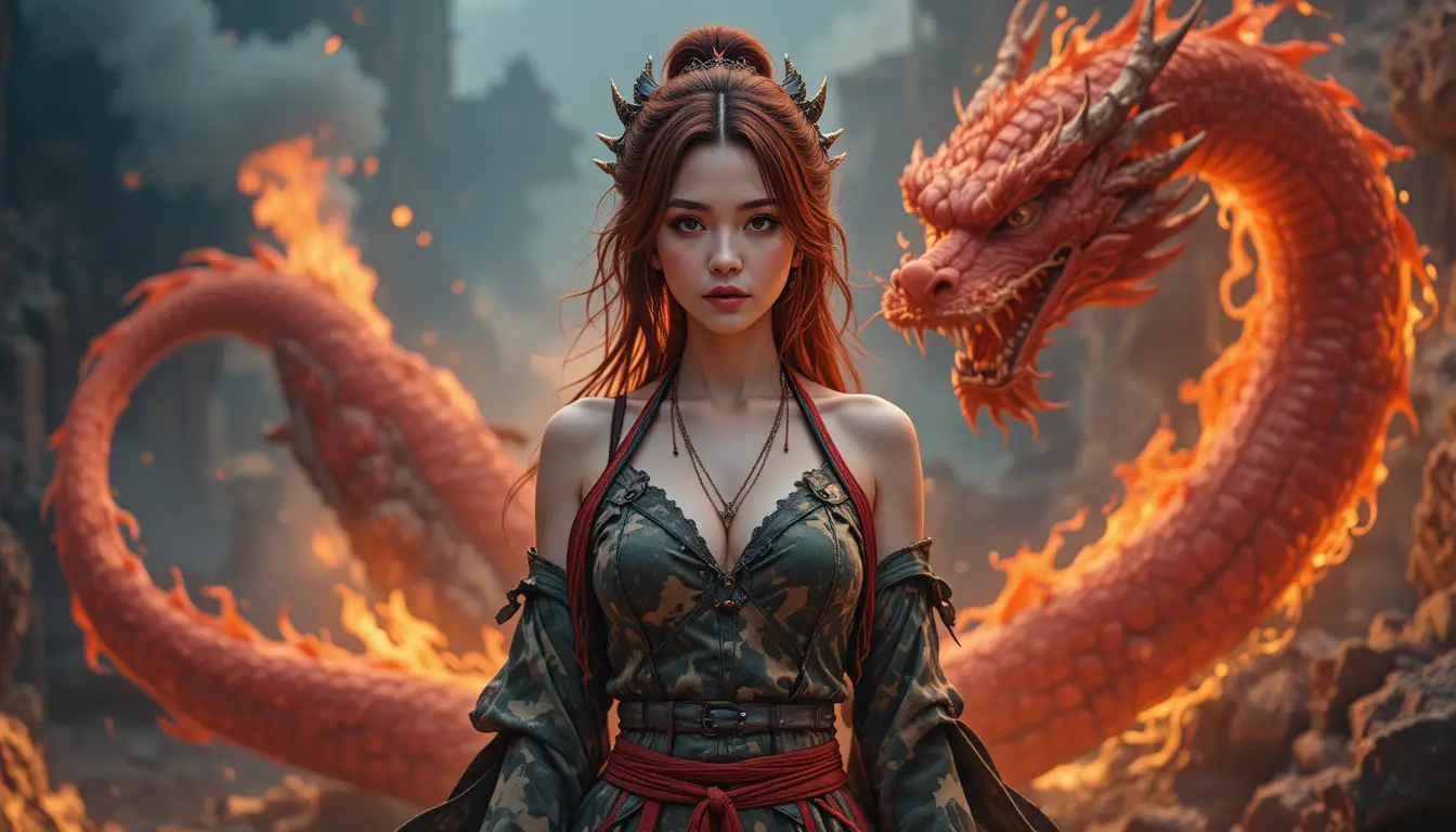 紅髮亞洲女性與噴火巨龍