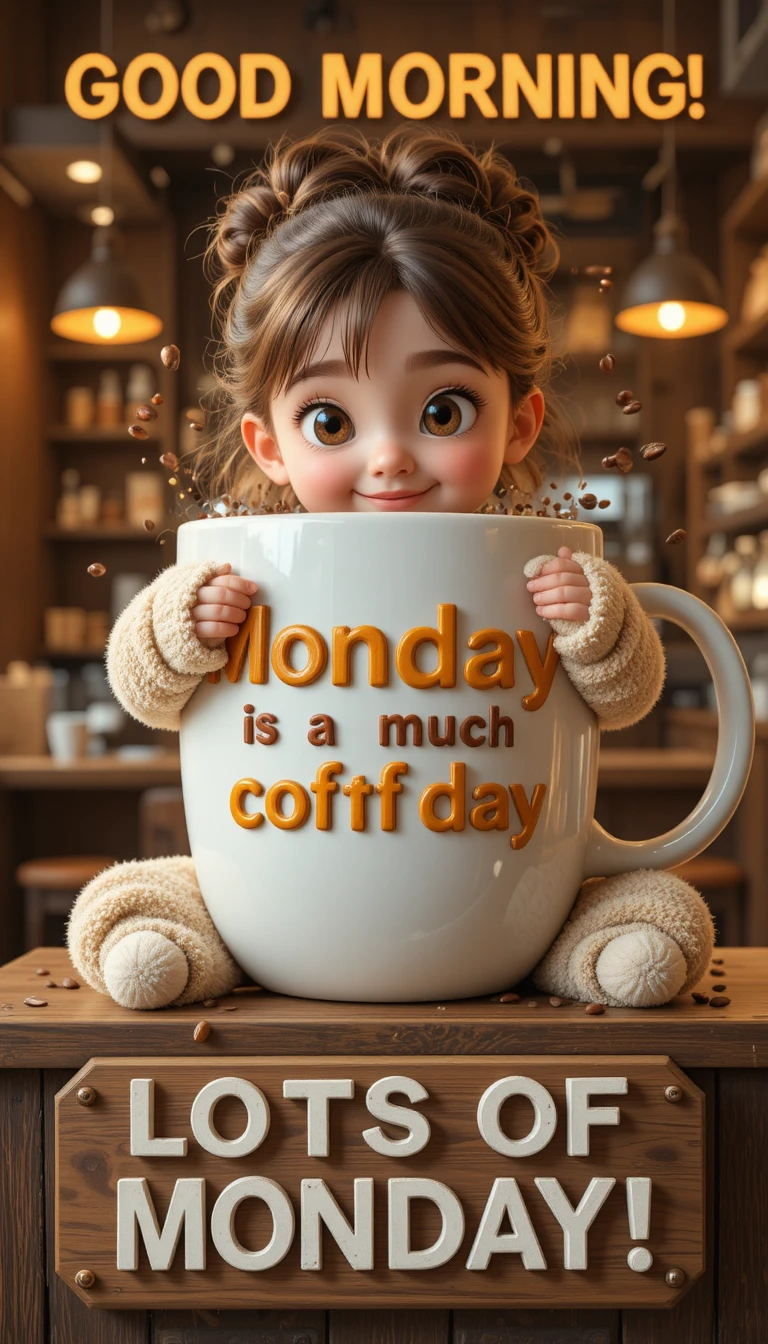 Petite fille serrant dans ses bras une immense tasse de café dans un café cosy