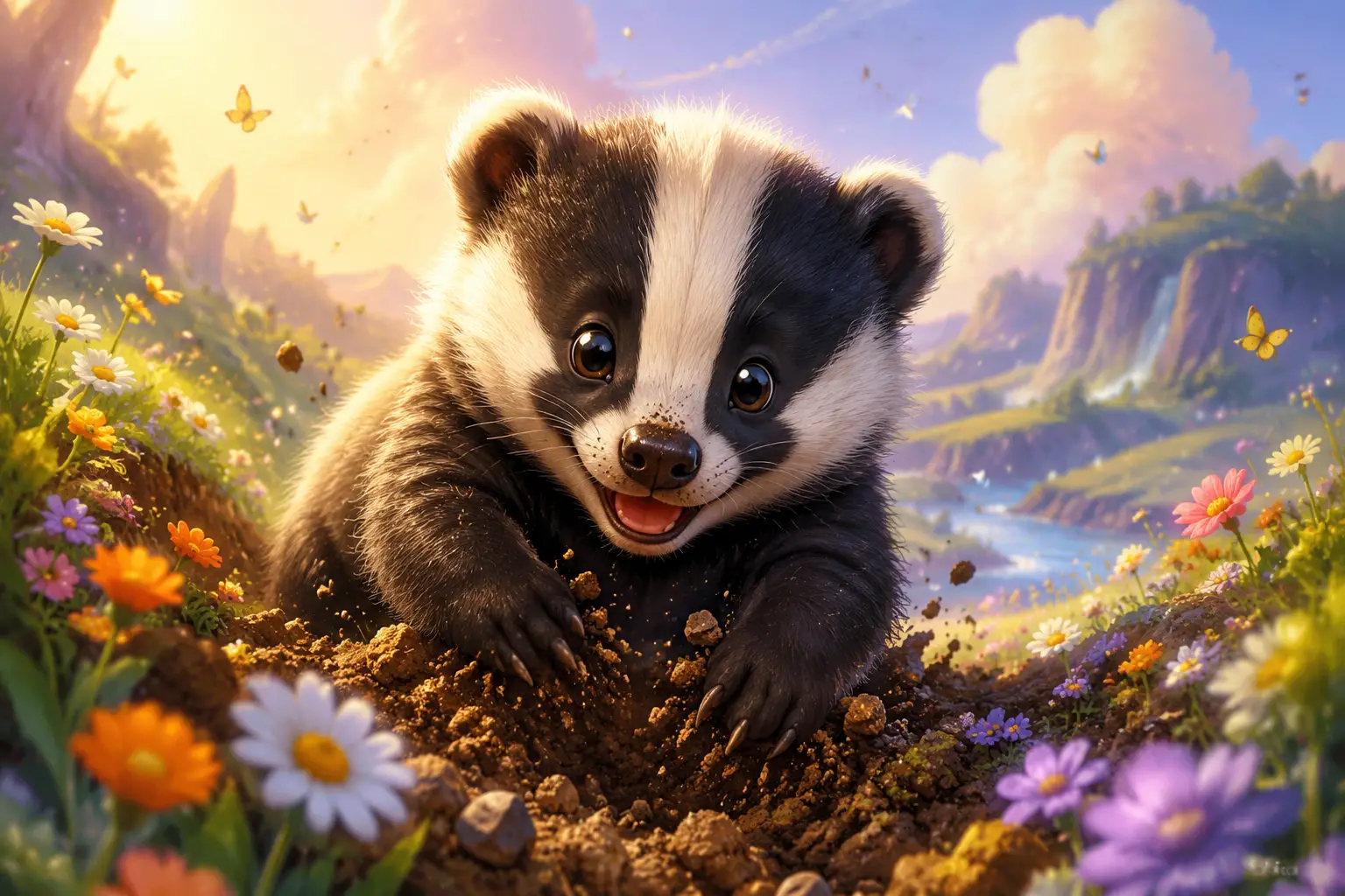 やわらかな庭の花の中で楽しく穴を掘るかわいい赤ちゃんアナグマ