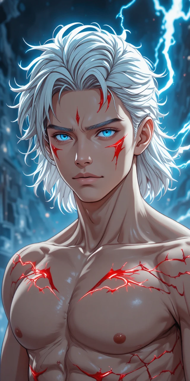 Guerreiro de fantasia em estilo anime com asas e marcas brilhantes