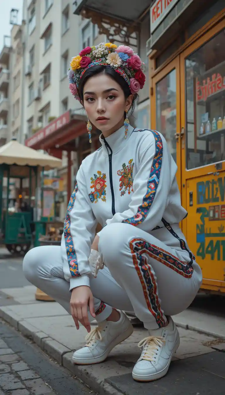 Mulher com moda inspirada no pós-soviético em retrato urbano de rua