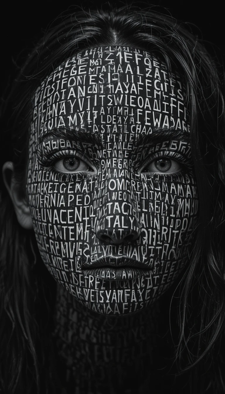Hochkontrast-ASCII-Porträt einer Frau, die von Text verdeckt wird