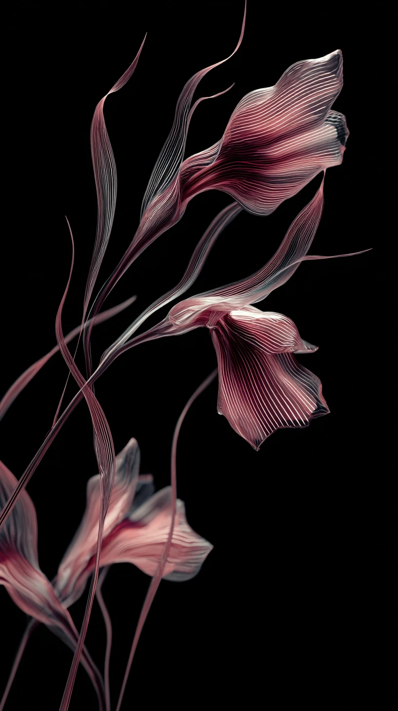 Forme rosa eteree che fluttuano in un vuoto nero minimale