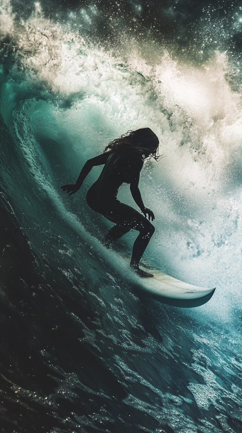 Homem surfando uma onda poderosa do oceano com movimento dinâmico