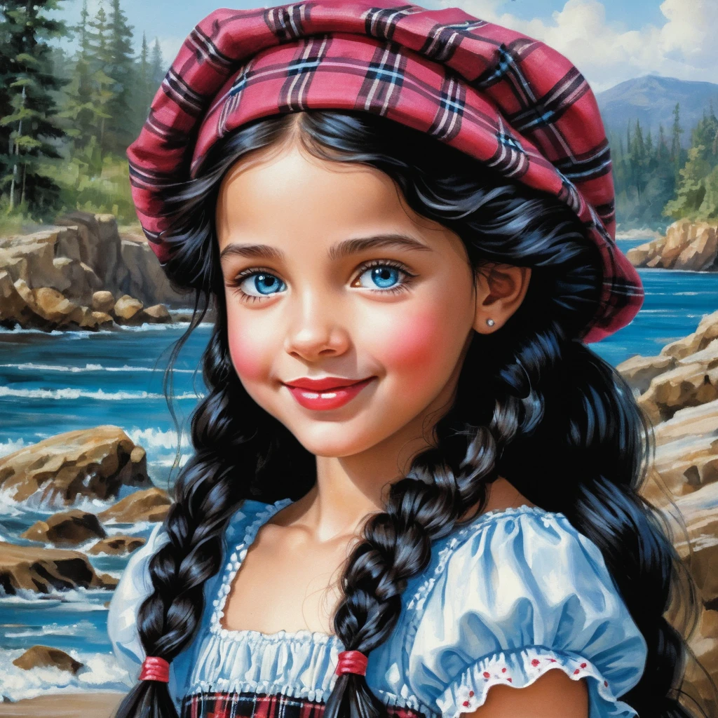 Retrato de chica sonriente de ojos azules con boina veraniega a cuadros
