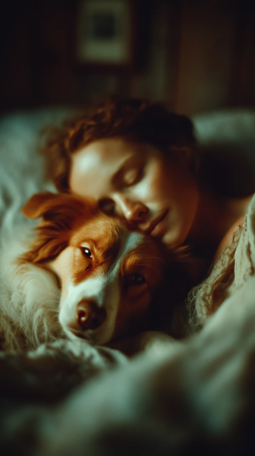 Femme réconfortant son chien malade sur un sol couvert de couvertures