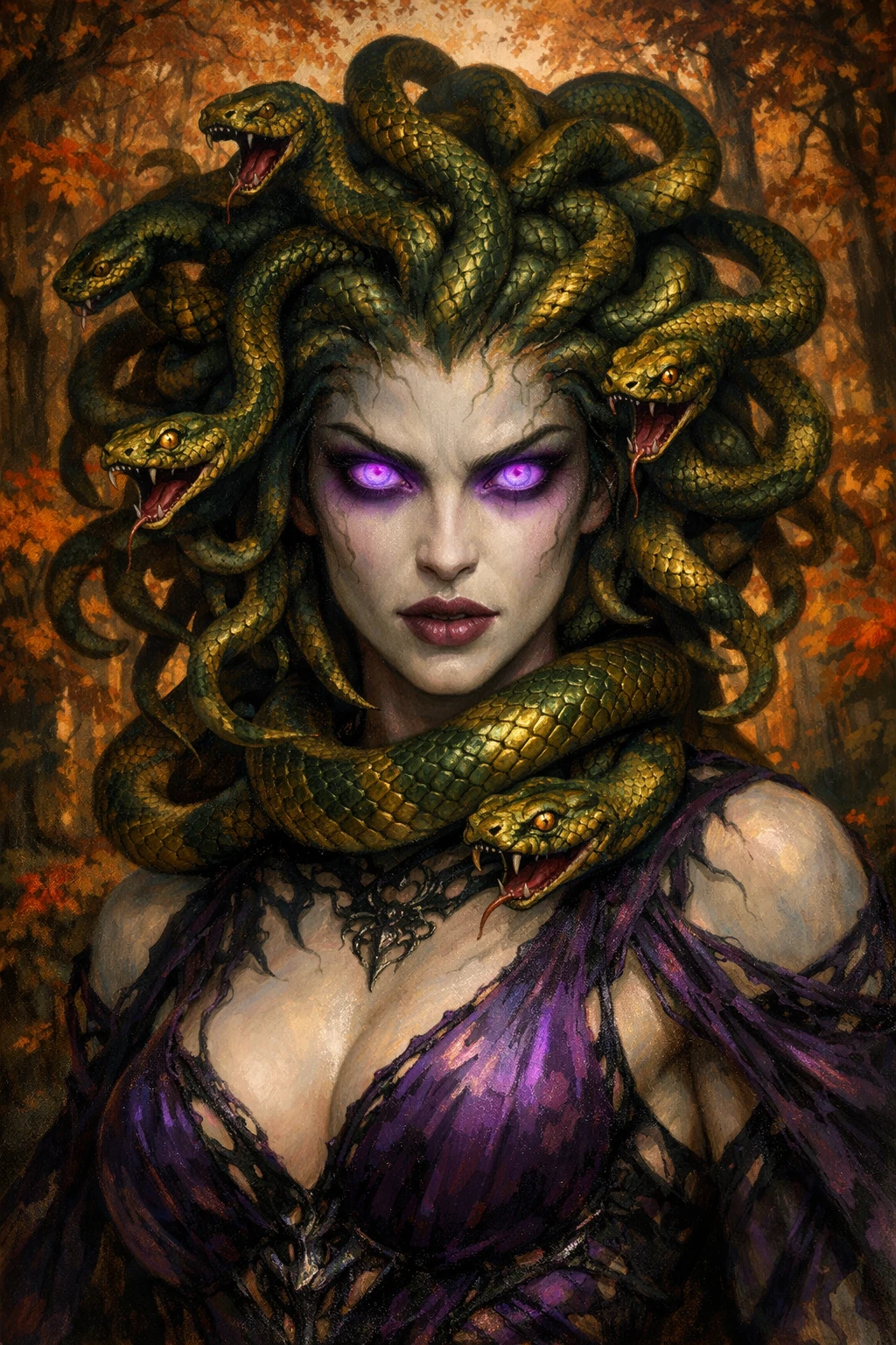 Medusa de cabello de serpientes con atuendo violeta en el bosque