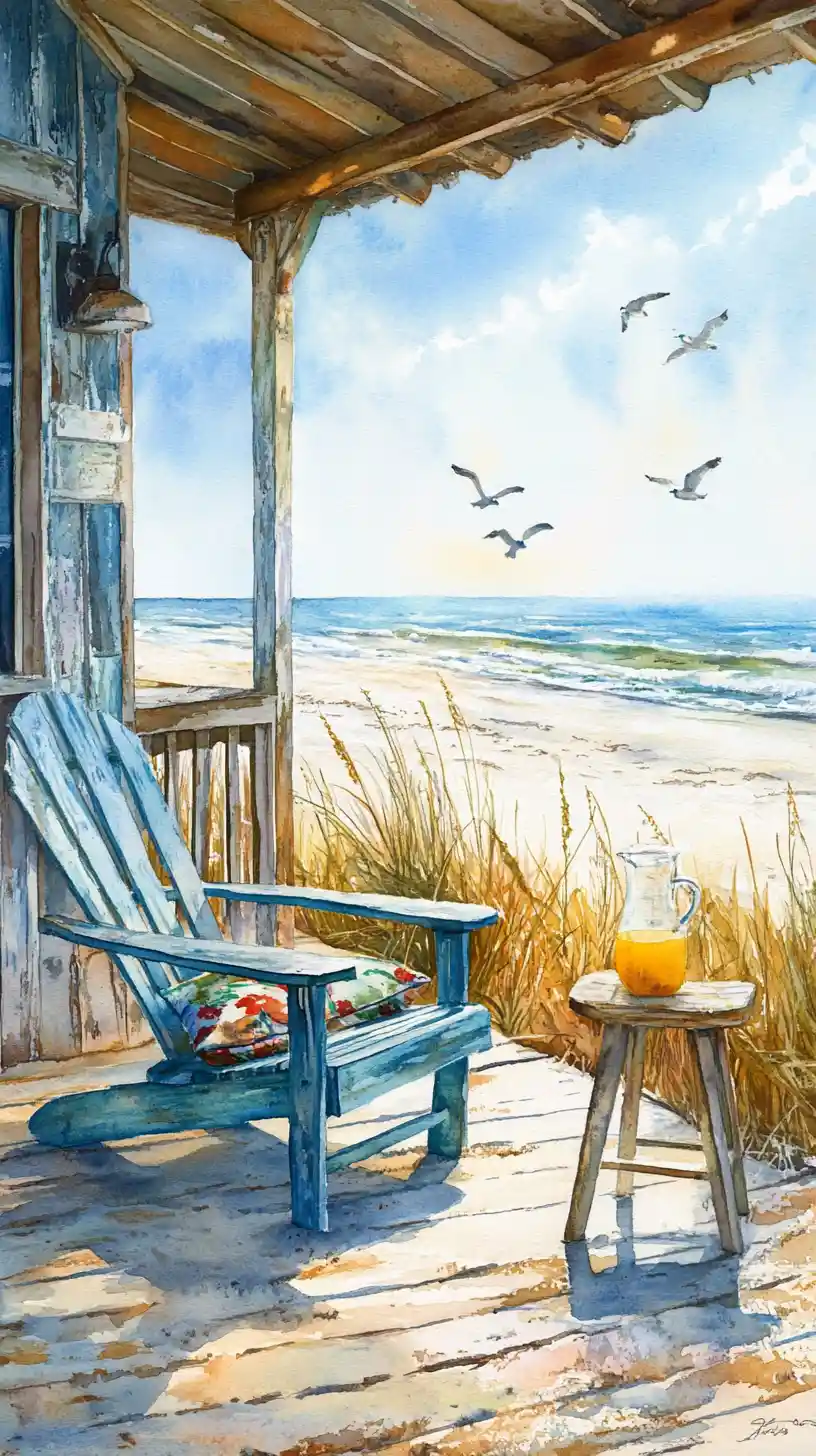 Beach House Porch Overlooking Sunlit Sandy Shoreline