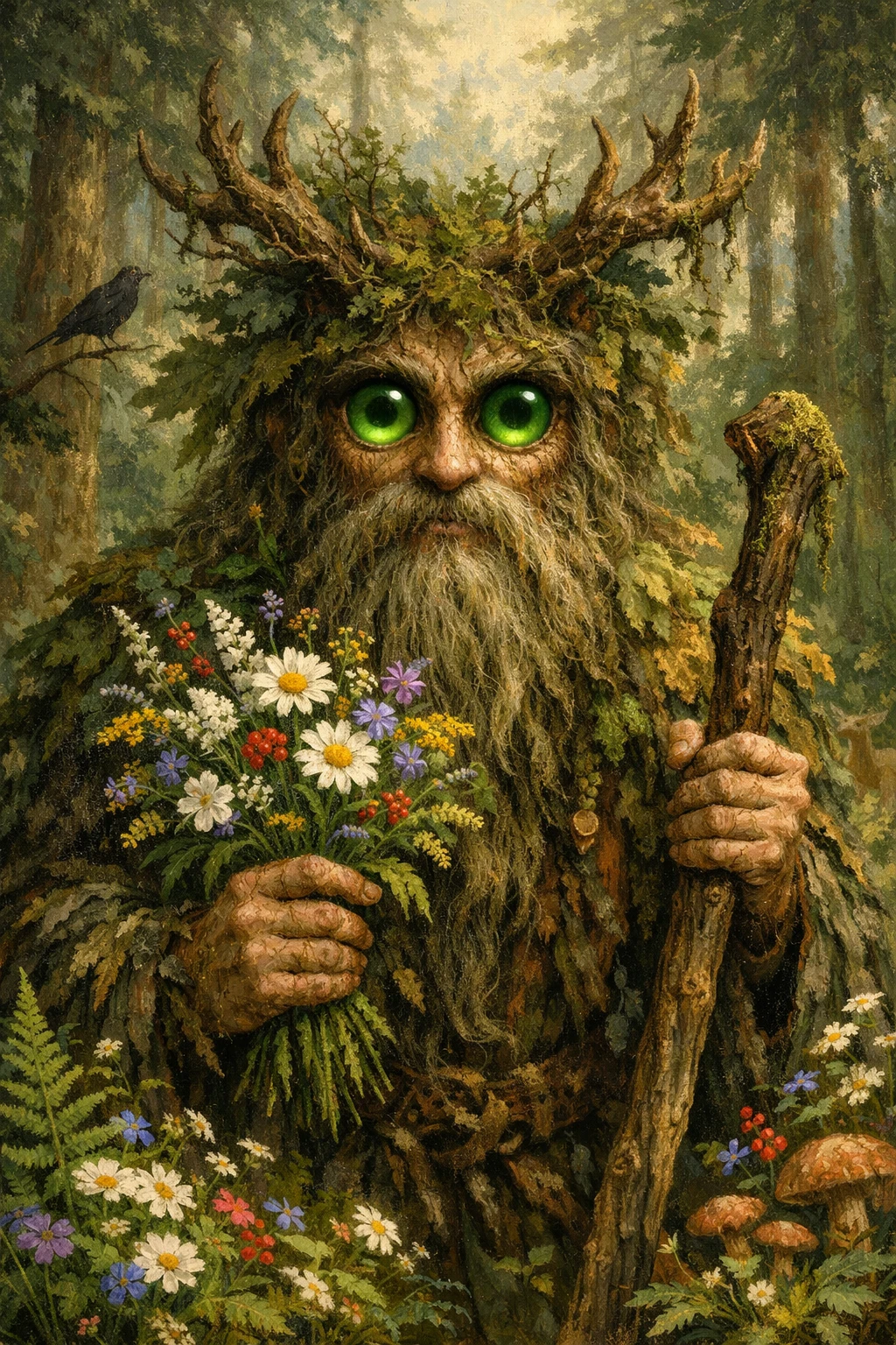 Espíritu del bosque de ojos verdes con flores y bastón