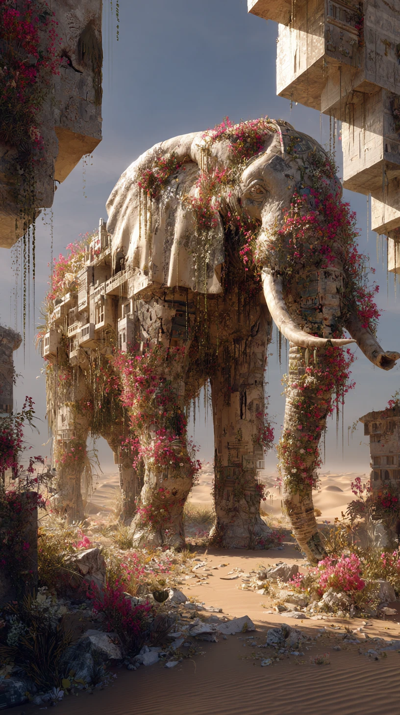 Surreal stone elephant ruins in a fractured desert sky
