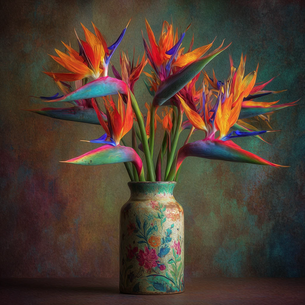 Paradiesvogelblumen in einer künstlerischen, modernen Vase