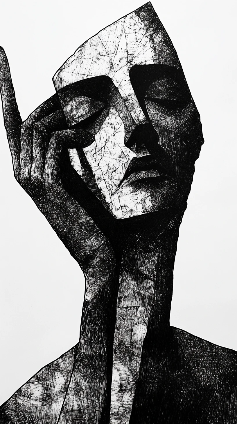 Retrato masculino esquálido em desenho surrealista fragmentado a tinta