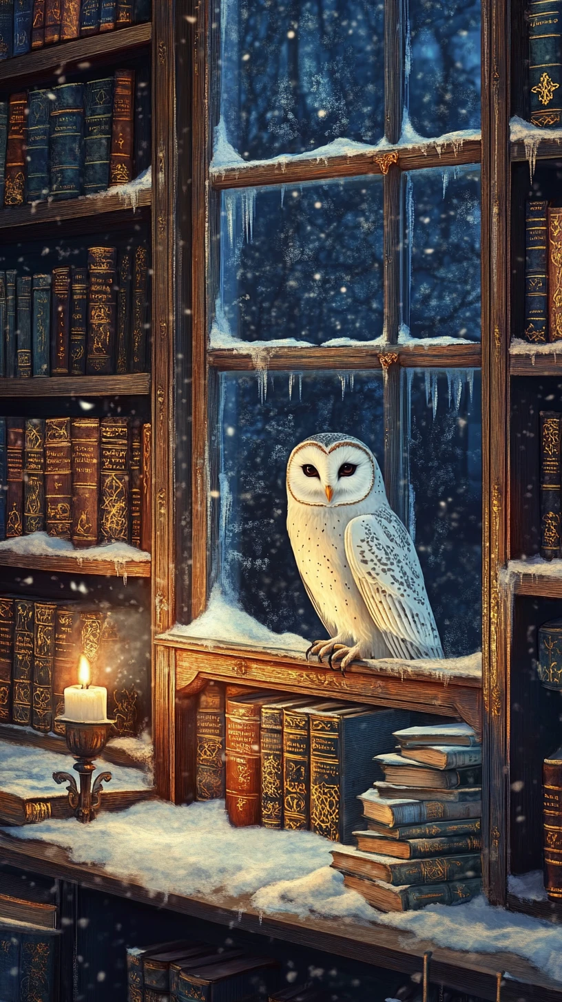 Biblioteca aconchegante de bruxa com coruja na janela nevada