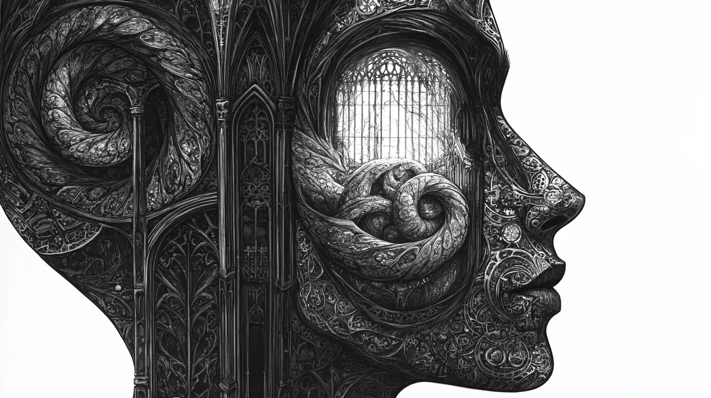 Visage humain surréaliste s’ouvrant sur l’intérieur d’une cathédrale