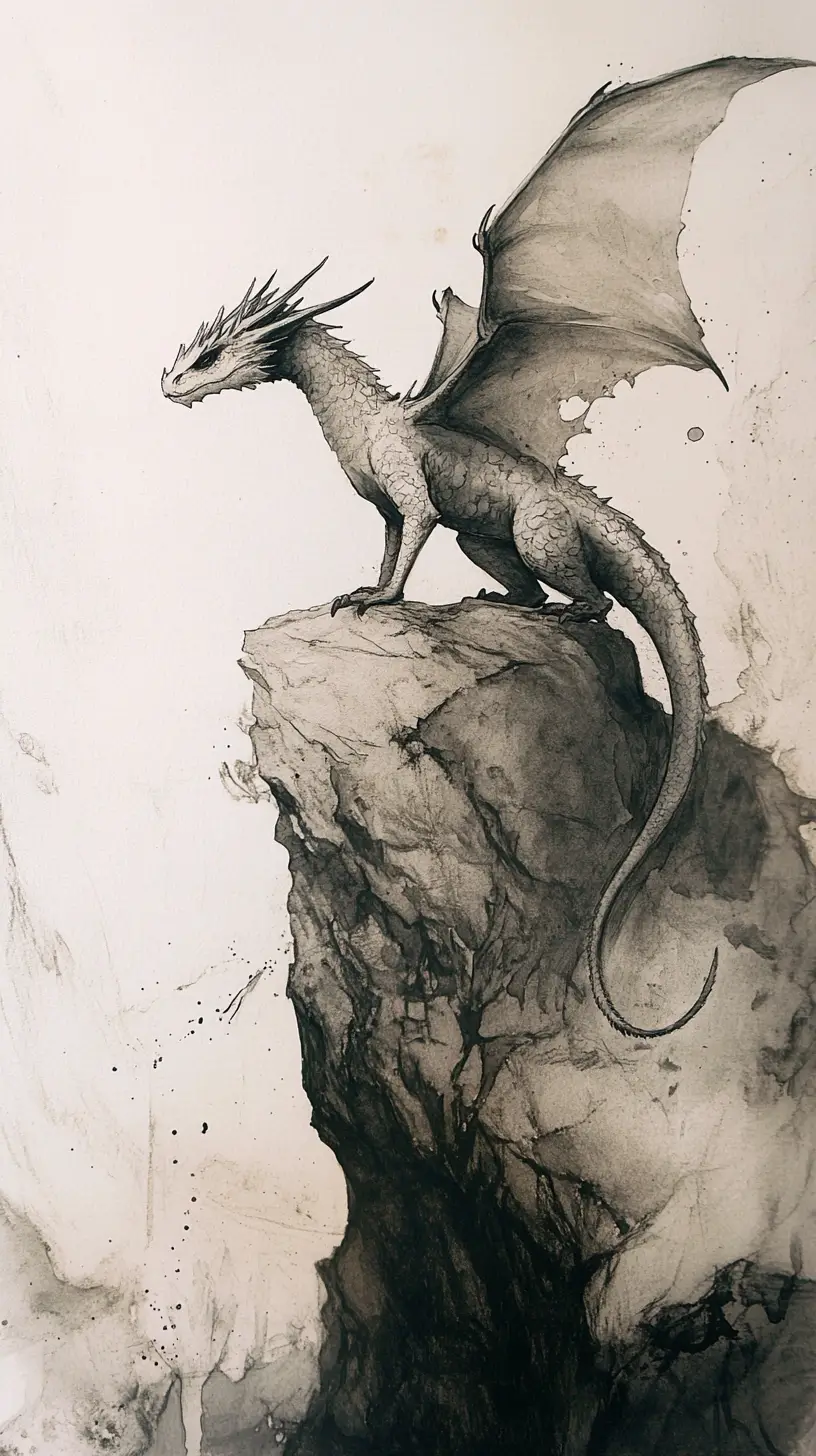 Dragon élégant reposant sur une falaise rocheuse lavée à l’encre
