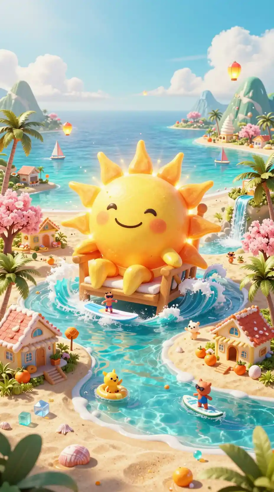 Fröhliche Sonnenfigur auf einem tropischen Fantasy-Strandthron