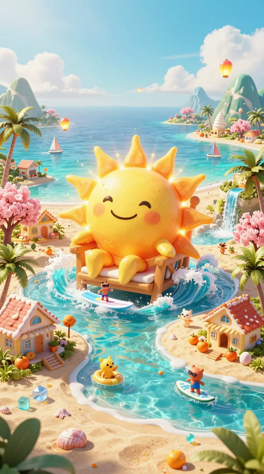 Cheerful Sun Character On A Tropical Fantasy Beach Throne
