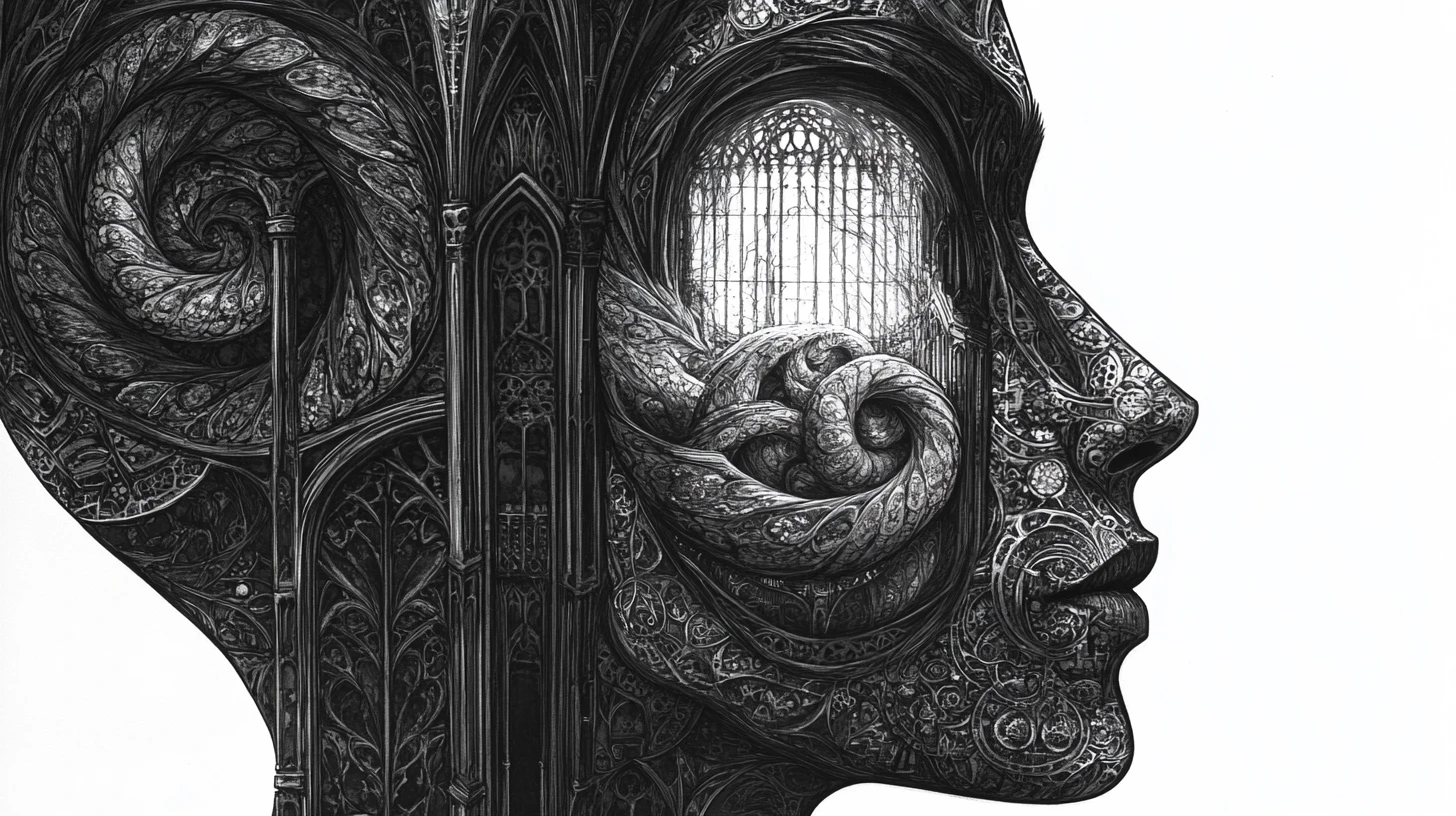 Rosto humano surreal se abrindo para o interior de uma catedral