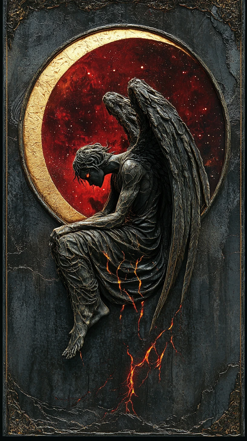 Crescent Moon Framing A Fallen Angel Stone Statue