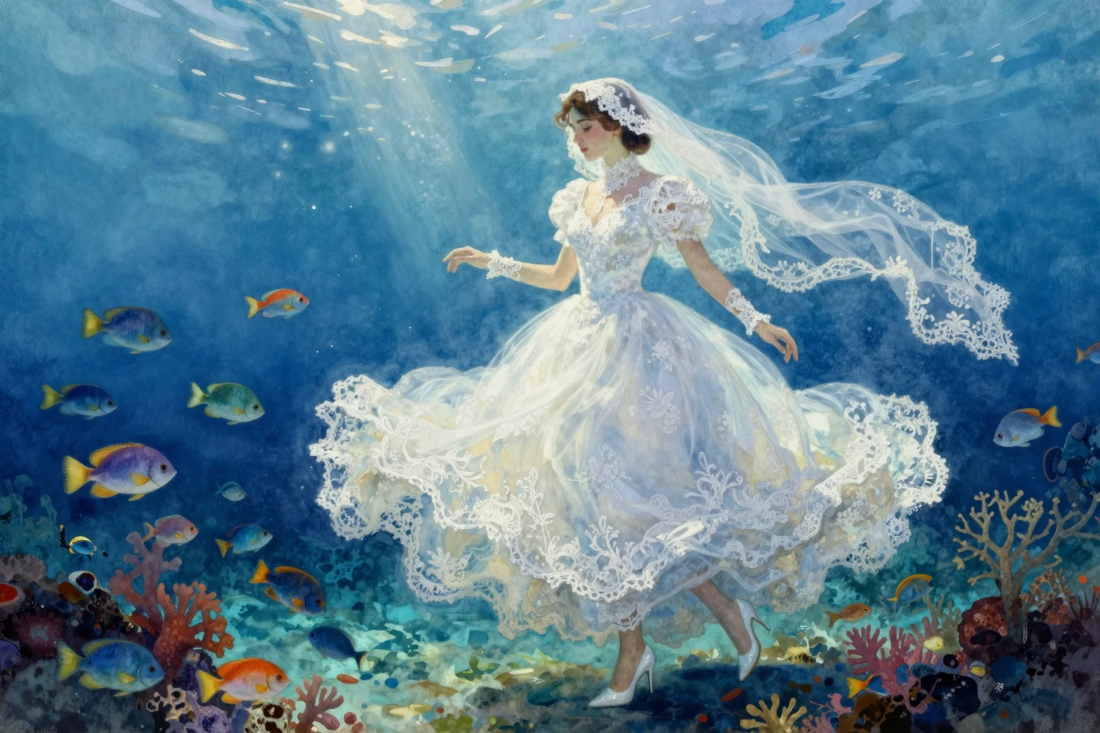 Noiva subaquática em vestido de renda com véu esvoaçante