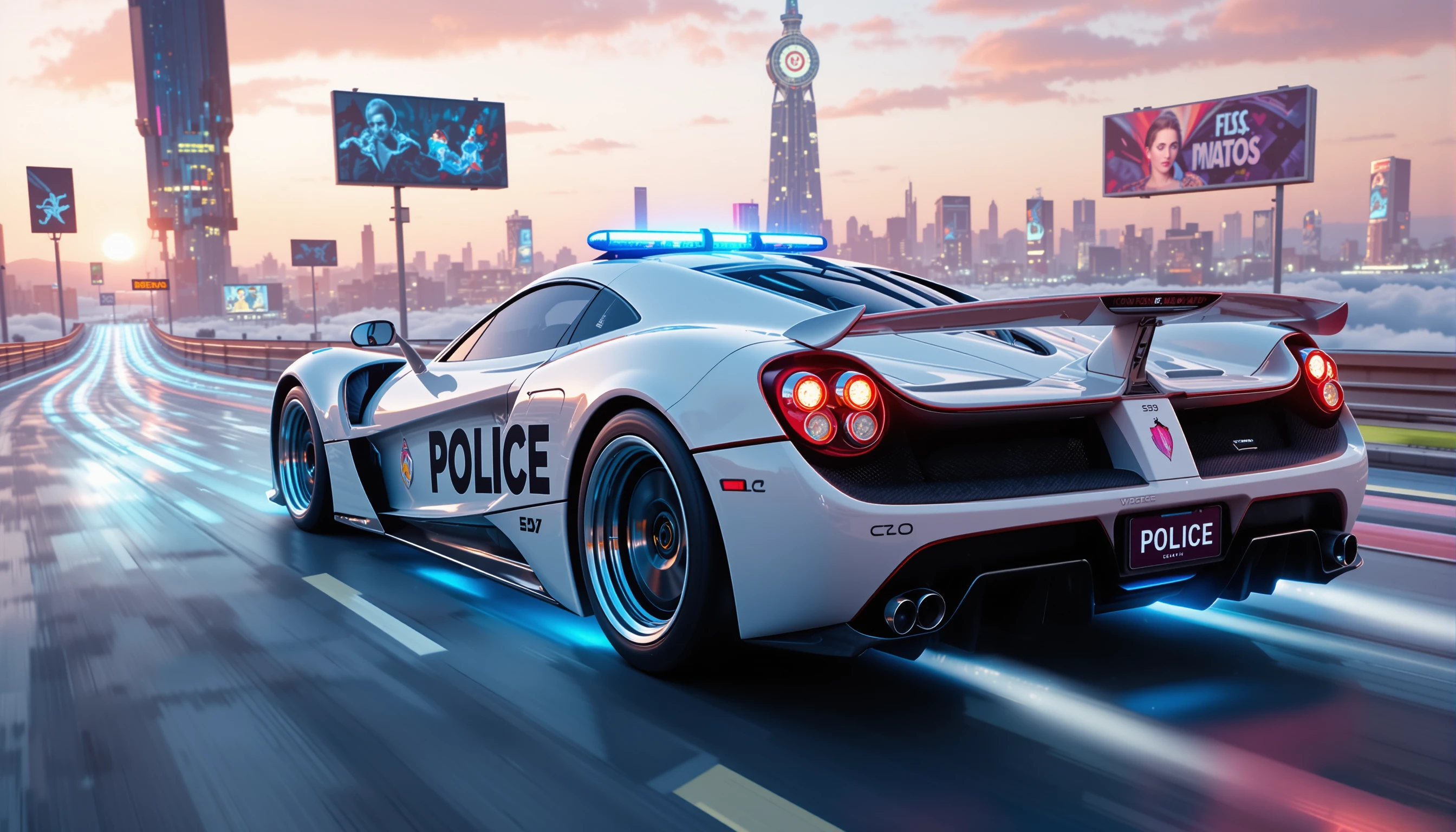 Hypercar policial futurista correndo sobre um oceano de nuvens cor-de-rosa