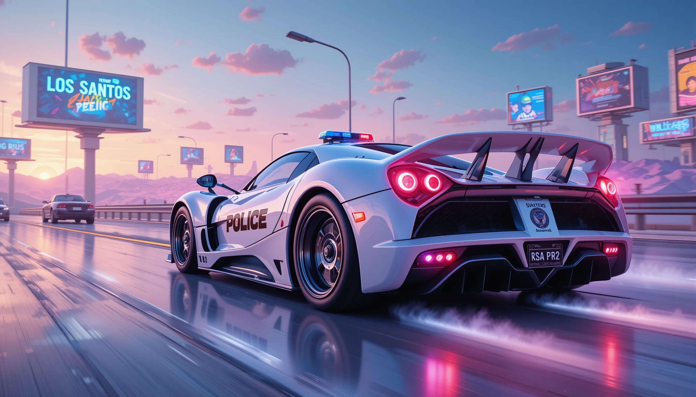 Hypercar de police futuriste filant sur une autoroute céleste lumineuse